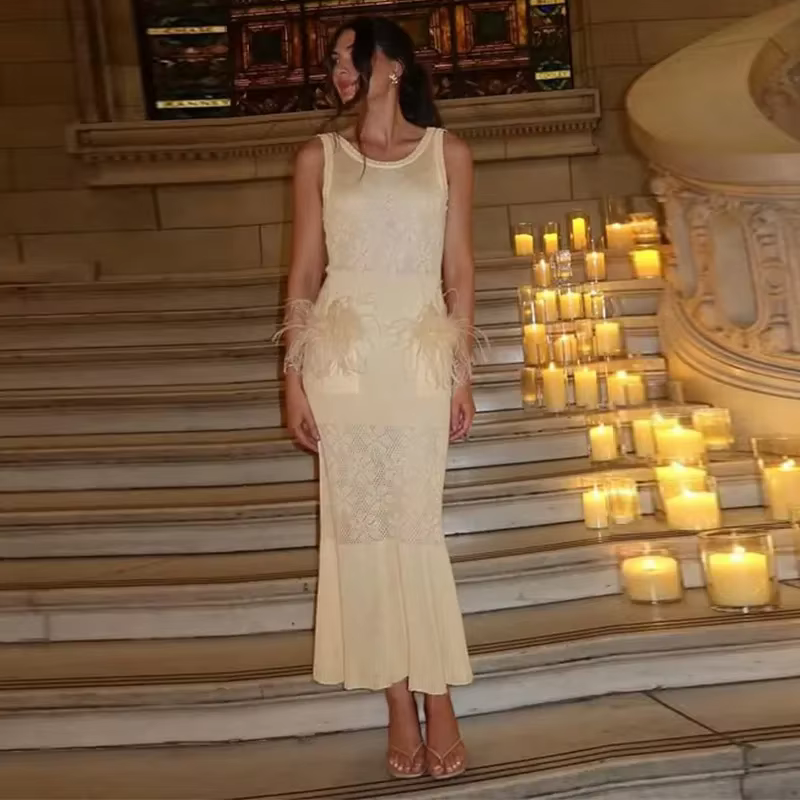 Elegant Hollow Out Knitted Feather Long Mermaid Sleeveless Dress - Image 2