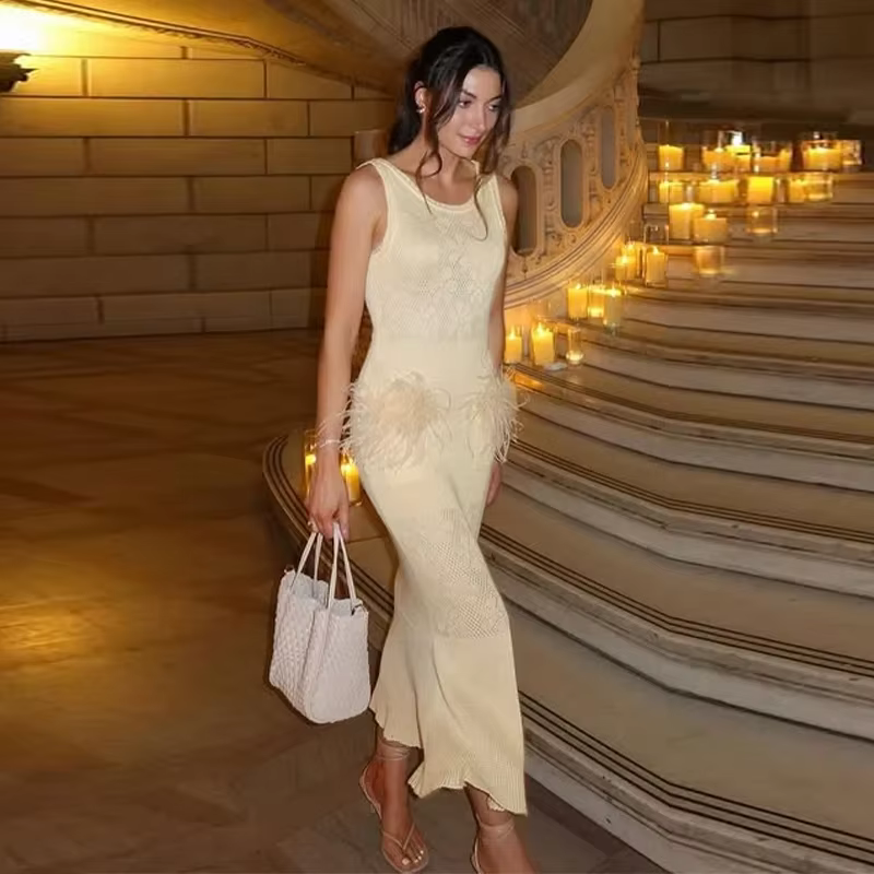 Elegant Hollow Out Knitted Feather Long Mermaid Sleeveless Dress - Image 3