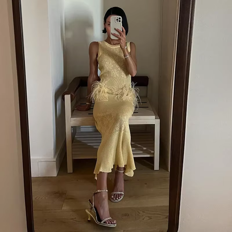 Elegant Hollow Out Knitted Feather Long Mermaid Sleeveless Dress - Image 4