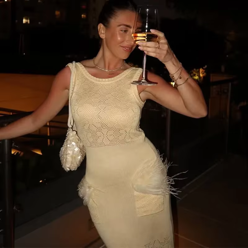 Elegant Hollow Out Knitted Feather Long Mermaid Sleeveless Dress - Image 5