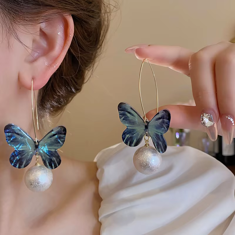 Elegant Imitation Pear Hollow Butterfly Long Earrings