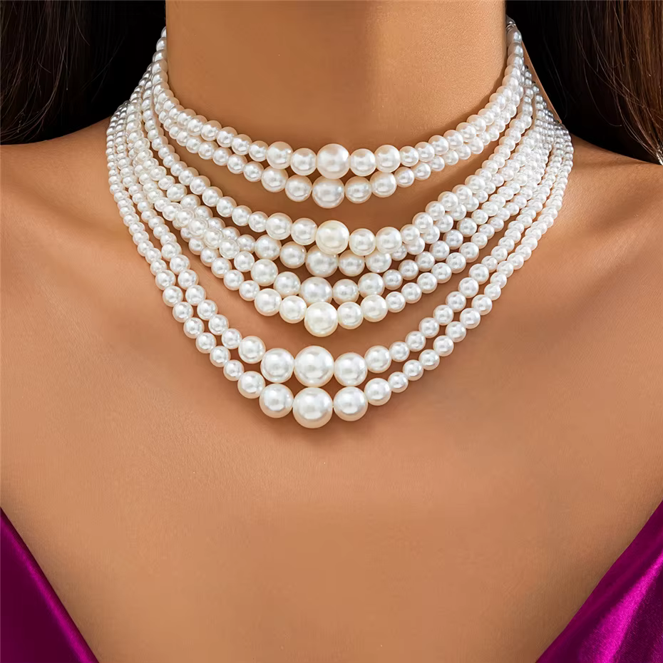 Elegant Imitation Pearl Beads Goth Round Circle Choker Chain Necklace - Image 2
