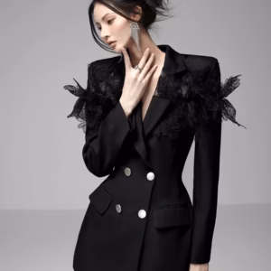 Elegant Lace Patchwork Double-Breasted Notched Office Mini Blazers Dress