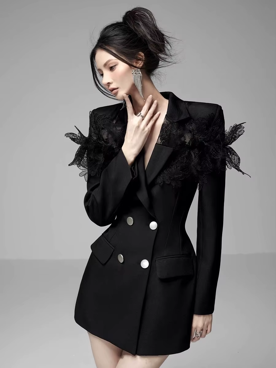 Elegant Lace Patchwork Double-Breasted Notched Office Mini Blazers Dress