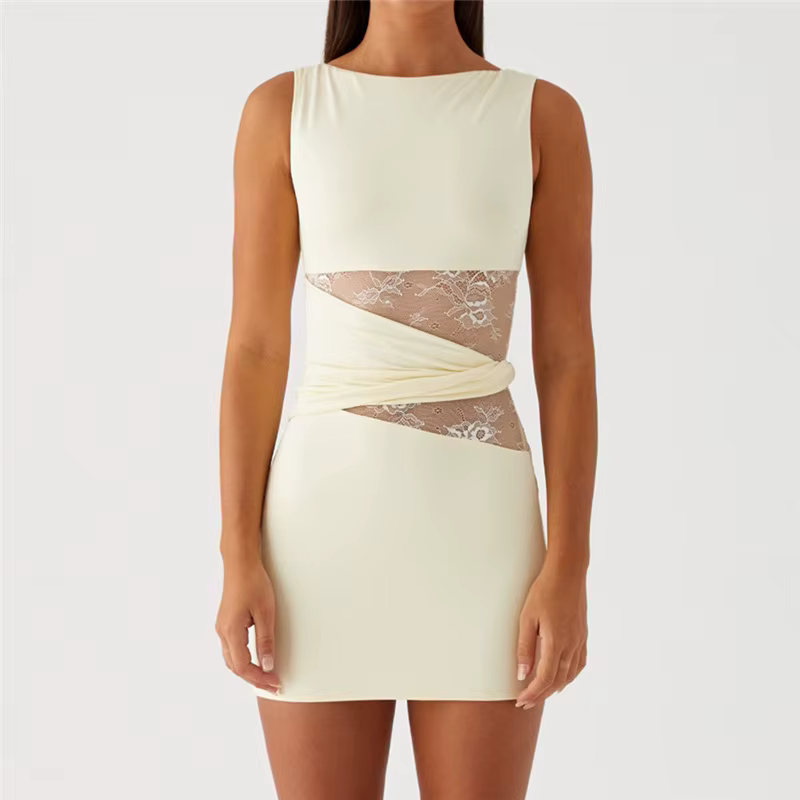 Elegant Lace Patchwork Sleeveless Slim Fit Cut Out Short Mini Dress - Image 4