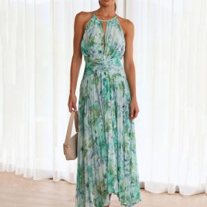 Elegant Layered Pleated Floral Sleeveless Halter Print Maxi Dresses