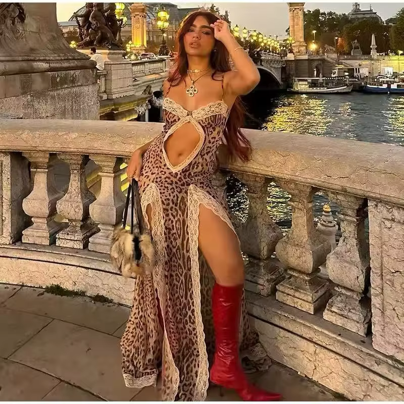 Elegant Leopard Print Beach Patchwork Hollow Out Off-shoulder Split Maxi Dress - Image 12
