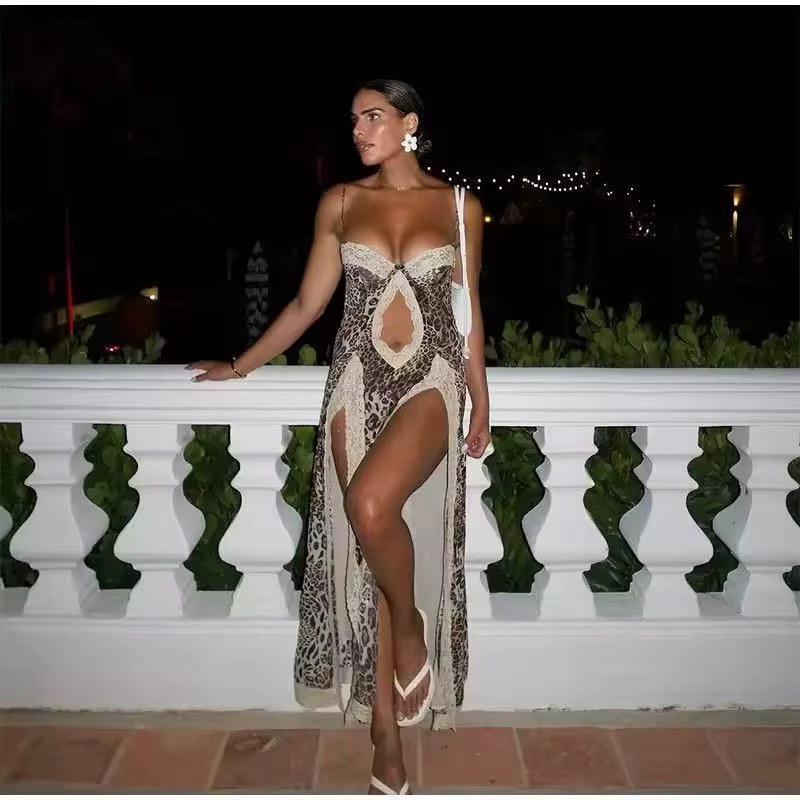 Elegant Leopard Print Beach Patchwork Hollow Out Off-shoulder Split Maxi Dress - Image 7