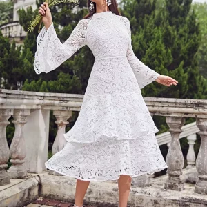 Elegant Long Flared Sleeve Bell Sleeve Layered Zipper Party Midi Lace Dress