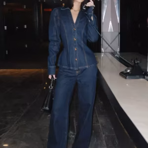 Elegant Long Sleeve Single Breasted V-neck Top A-line Denim Jacket Pant Set