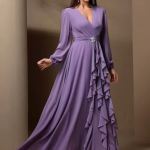 Elegant Luxury Formal Draped Ruffle with Rhinestone Décor Long Sleeve Party Maxi Dresses