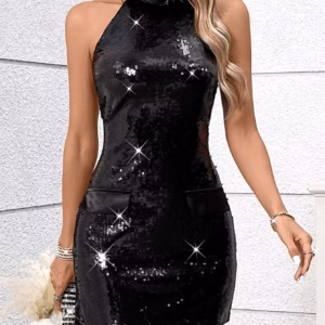 Elegant O-Neck Backless synthetic fiber Sequin Bodycon Short Dresses