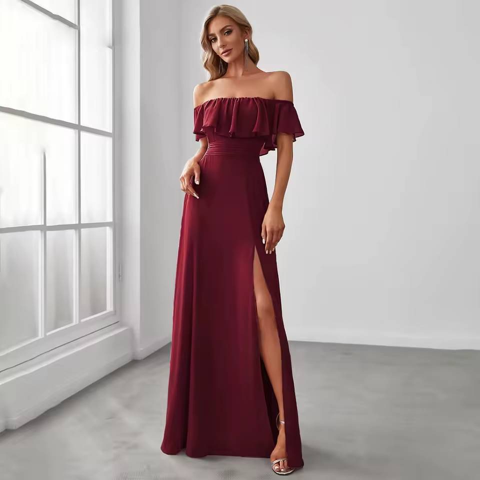 Elegant Off The Shoulder Chiffon Wedding Party Floor Length Bridesmaid Dress - Image 7