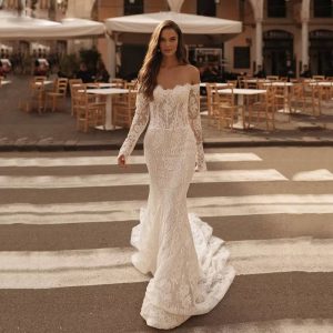 Elegant Off The Shoulder Full Sleeves Lace Floor-Length Wedding Maxi Dress