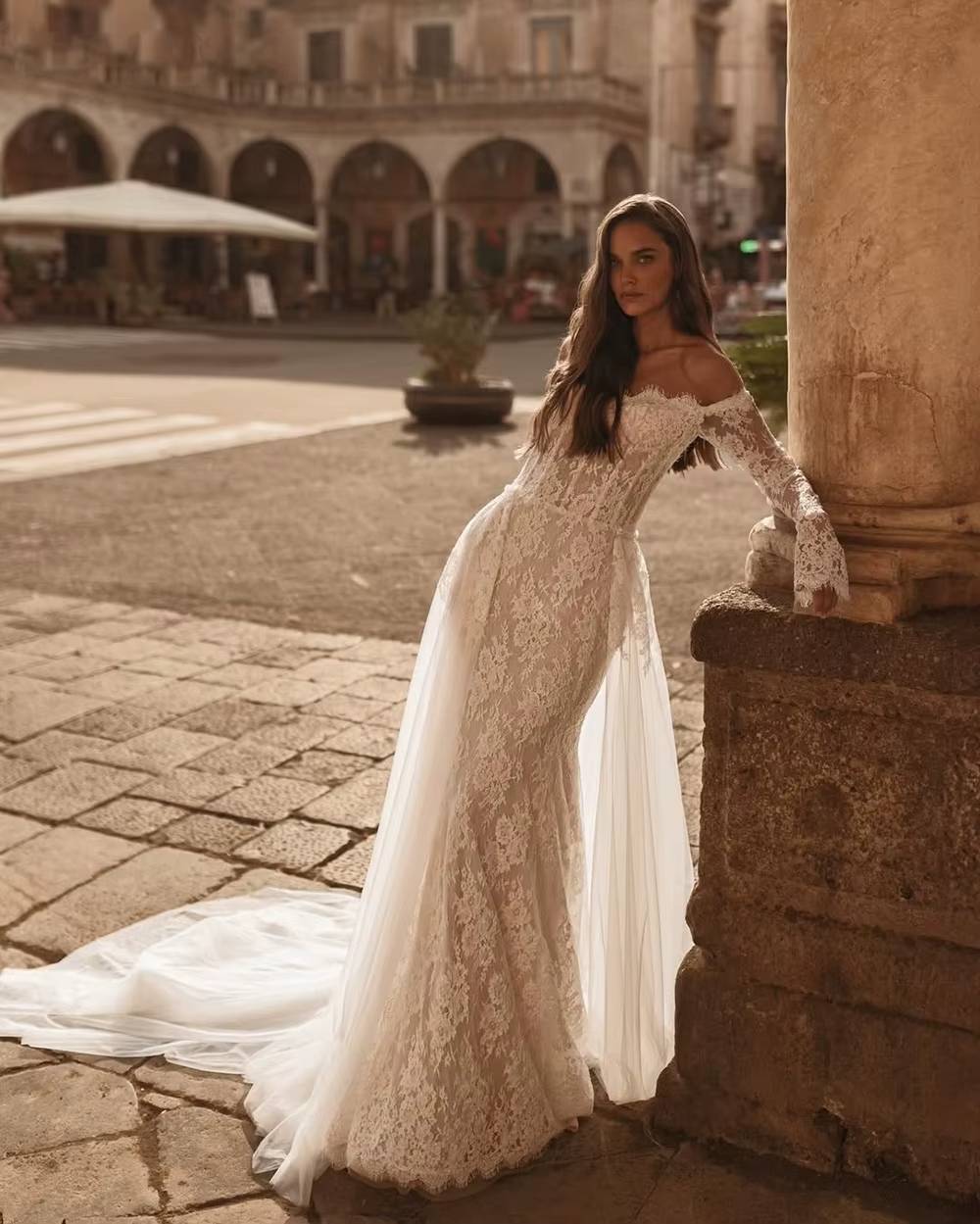 Elegant Off The Shoulder Full Sleeves Lace Floor-Length Wedding Maxi Dress - Image 2