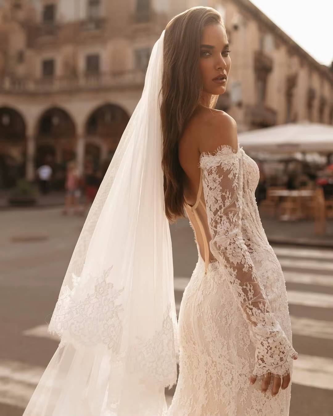 Elegant Off The Shoulder Full Sleeves Lace Floor-Length Wedding Maxi Dress - Image 4