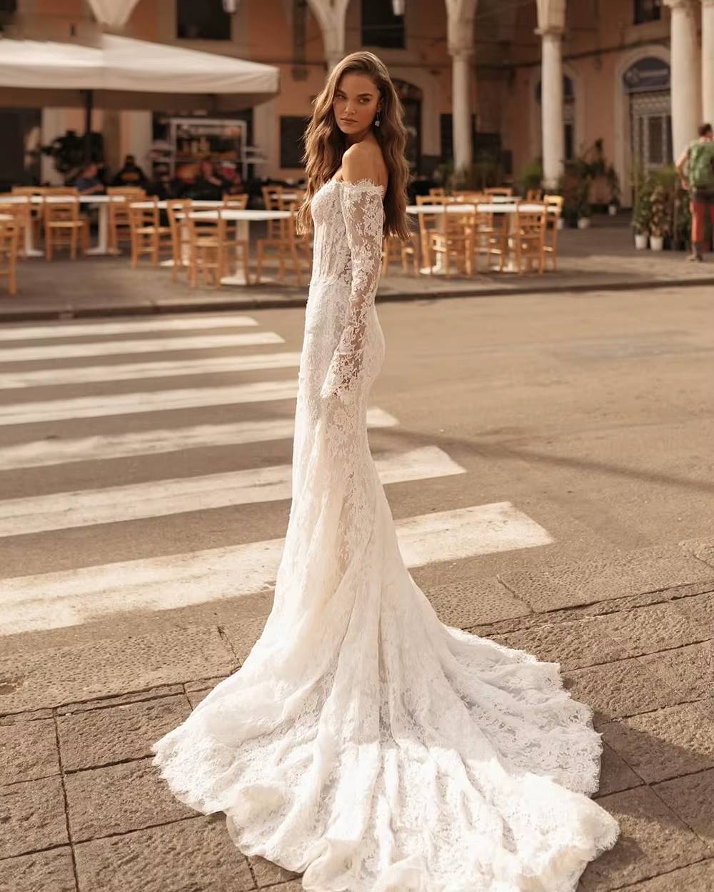 Elegant Off The Shoulder Full Sleeves Lace Floor-Length Wedding Maxi Dress - Image 5