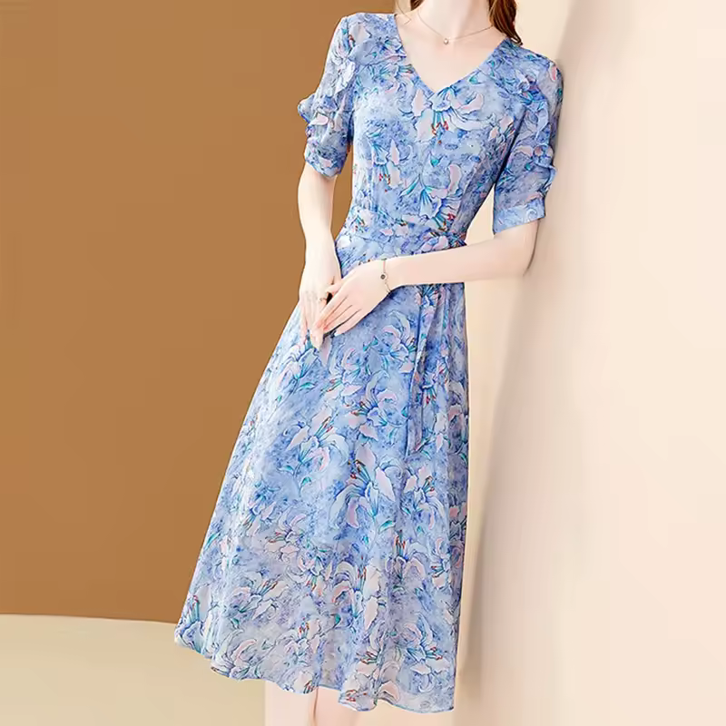 Elegant Office A-line Fairy V-Neck Floral Printing Chiffon Dress