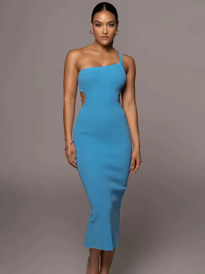 Elegant One Shoulder Cut Out Midi Bodycon Bandage Dress