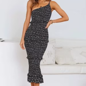 Elegant One Shoulder Fine Shoulder With Ruffle One-Piece Midi Long