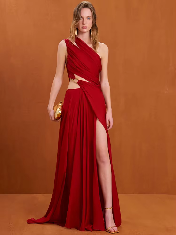 Elegant One Shoulder Irregular Cut Out Sleeveless Slanted Long Maxi Dress