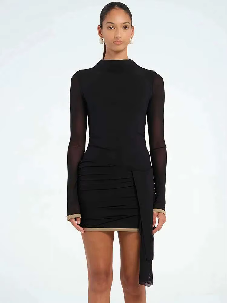 Elegant Patchwork Turtleneck Bandage Ruched Long Sleeve Mini Dress - Image 5