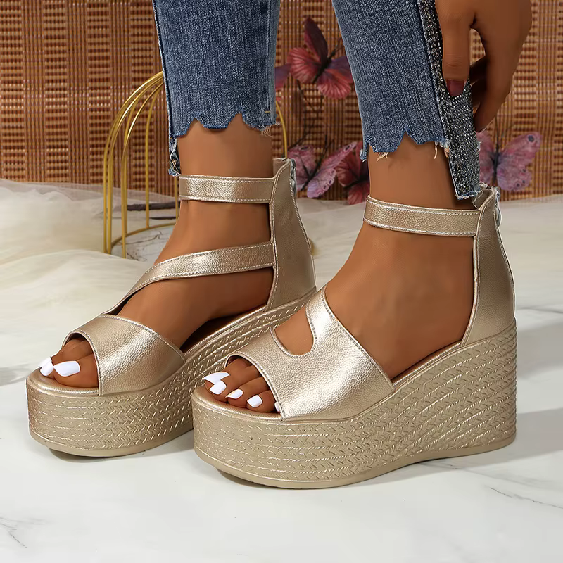 Elegant Peep Toe Chunky Platform Thick Bottom Ankle Strap Wedge Heel - Image 2