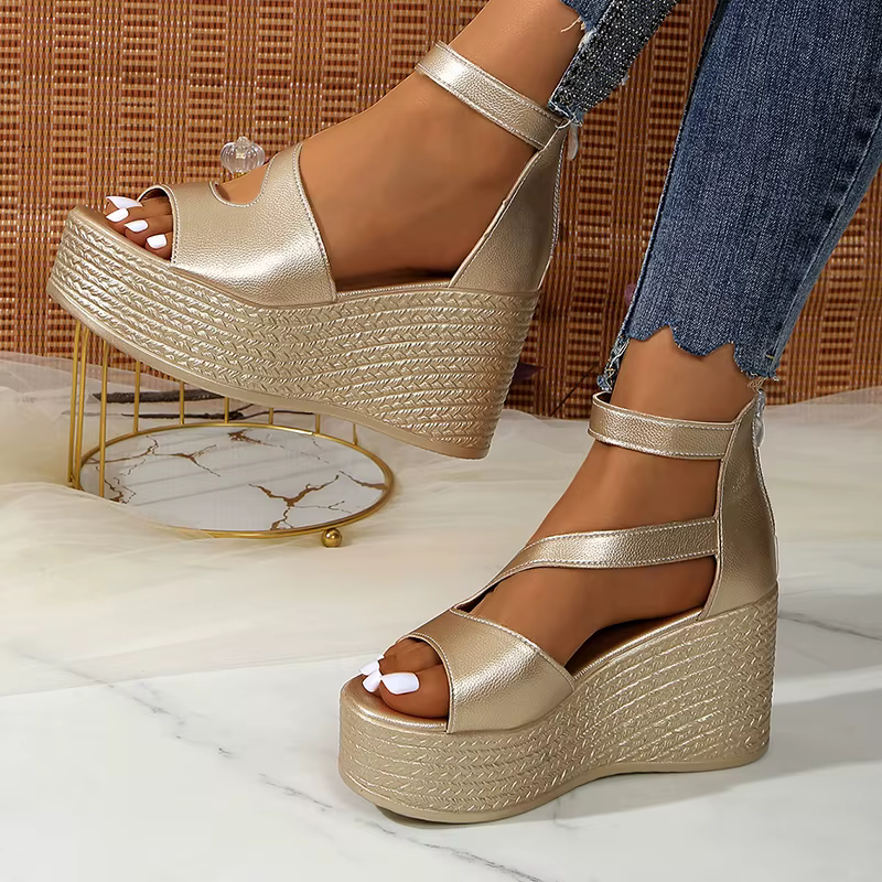 Elegant Peep Toe Chunky Platform Thick Bottom Ankle Strap Wedge Heel - Image 3