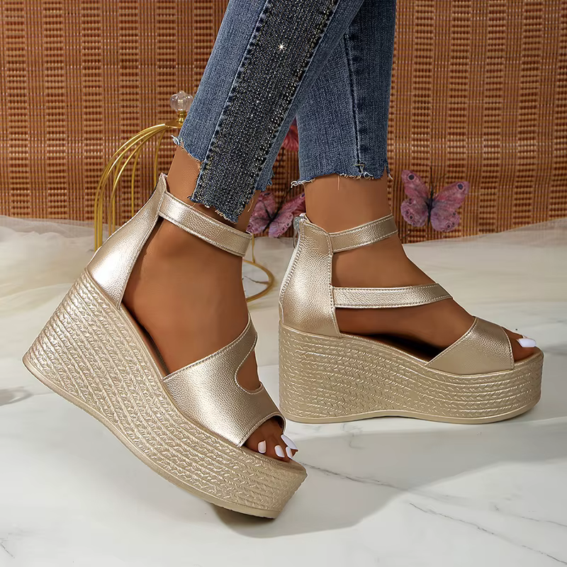 Elegant Peep Toe Chunky Platform Thick Bottom Ankle Strap Wedge Heel - Image 5