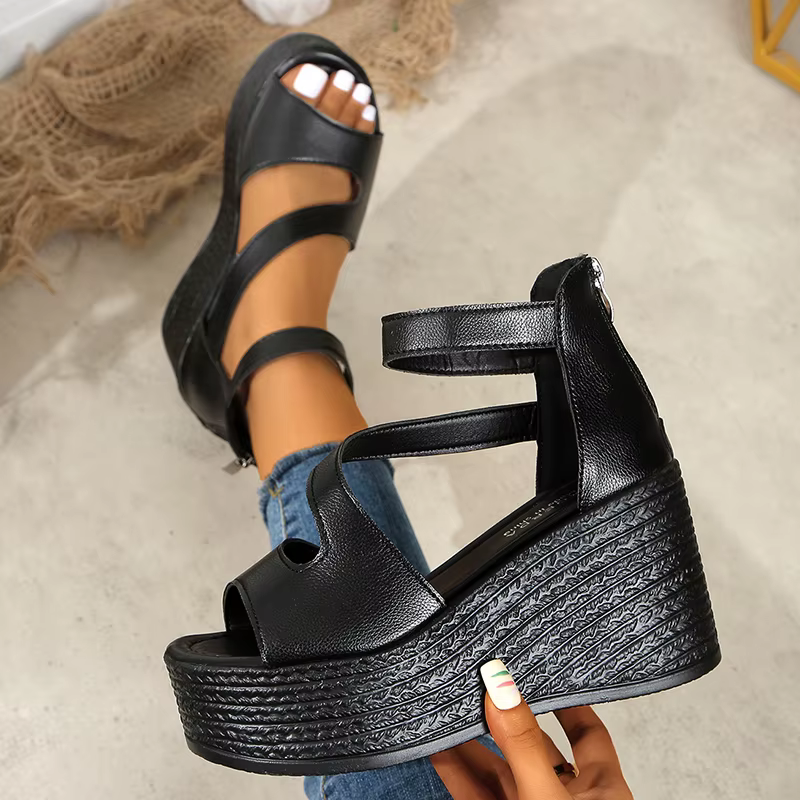 Elegant Peep Toe Chunky Platform Thick Bottom Ankle Strap Wedge Heel - Image 6