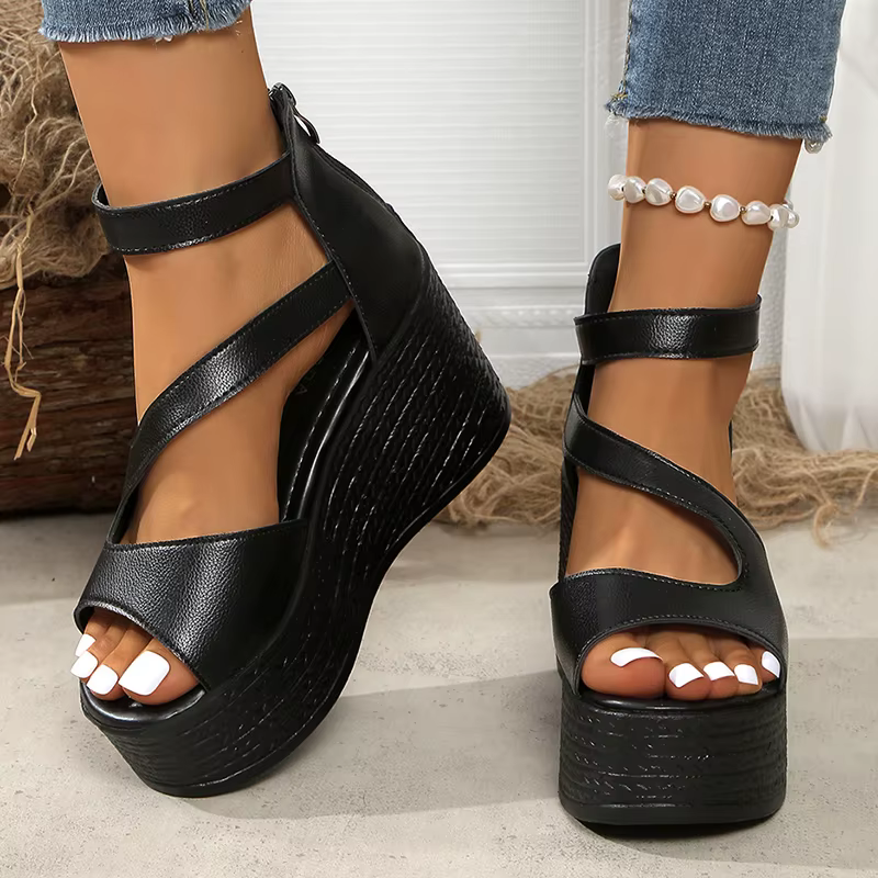 Elegant Peep Toe Chunky Platform Thick Bottom Ankle Strap Wedge Heel - Image 8