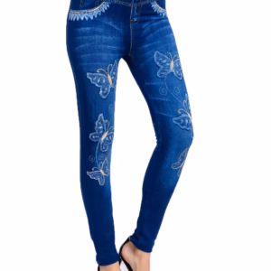Elegant Pencil Faux Denim High Waist Elastic Butterfly Pritned Leggins