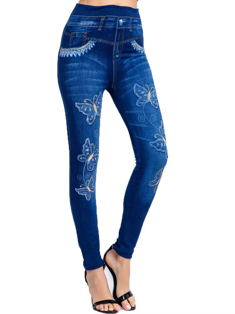 Elegant Pencil Faux Denim High Waist Elastic Butterfly Pritned Leggins