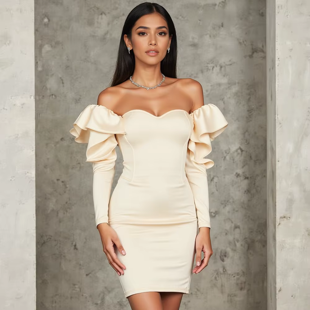 Elegant Plain Lettuce Hem Long Sleeve Sweetheart Neck Mini Dresses