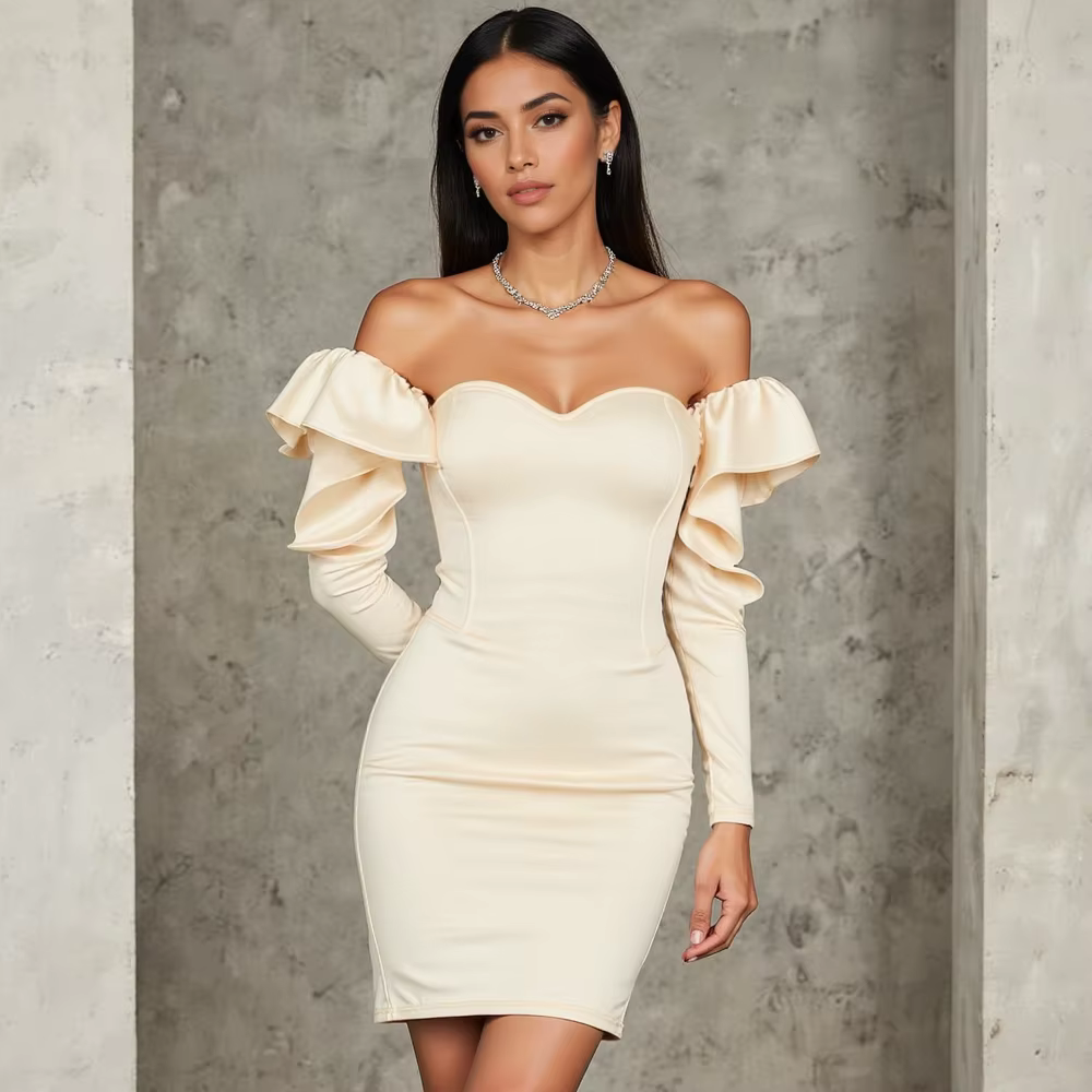 Elegant Plain Lettuce Hem Long Sleeve Sweetheart Neck Mini Dresses - Image 2