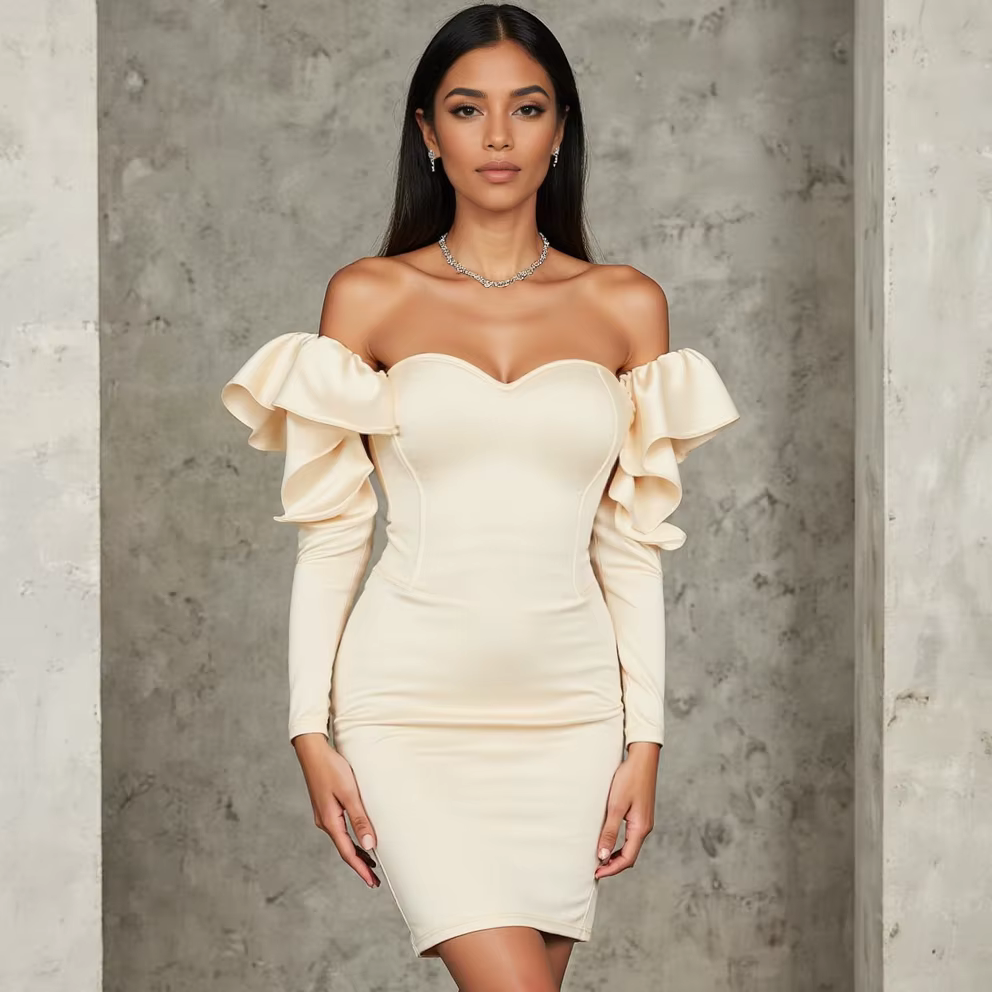 Elegant Plain Lettuce Hem Long Sleeve Sweetheart Neck Mini Dresses - Image 3