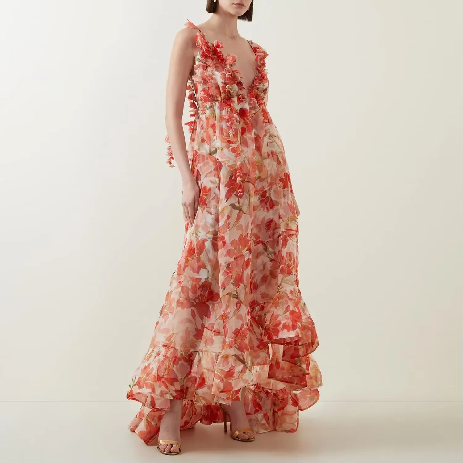 Elegant Pleated Floral Printing V-Neck Maxi Ankle-Length Maxi Dress