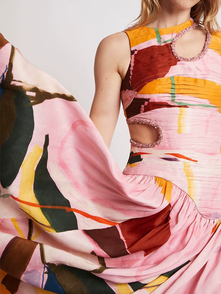 Elegant Print Round Neck Sleeveless Hollow Out High Waist Slim Pleated Midi Dress - Image 4