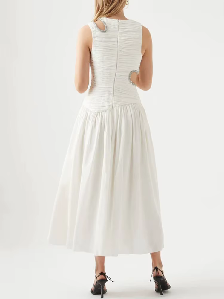 Elegant Print Round Neck Sleeveless Hollow Out High Waist Slim Pleated Midi Dress - Image 3