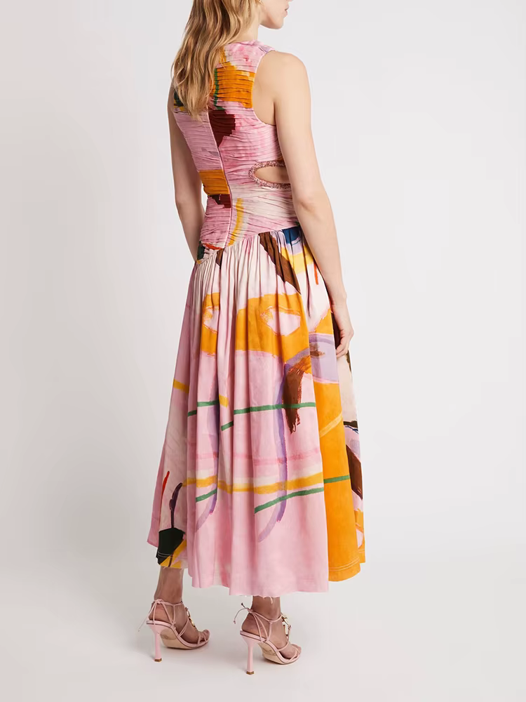 Elegant Print Round Neck Sleeveless Hollow Out High Waist Slim Pleated Midi Dress - Image 5