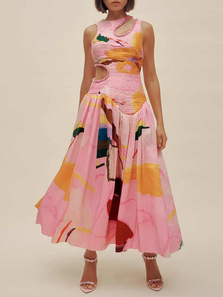 Elegant Print Round Neck Sleeveless Hollow Out High Waist Slim Pleated Midi Dress - Image 6