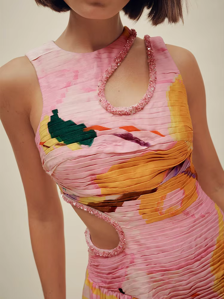 Elegant Print Round Neck Sleeveless Hollow Out High Waist Slim Pleated Midi Dress - Image 3