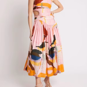 Elegant Print Round Neck Sleeveless Hollow Out High Waist Slim Pleated Midi Dress