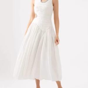 Elegant Print Round Neck Sleeveless Hollow Out High Waist Slim Pleated Midi Dress