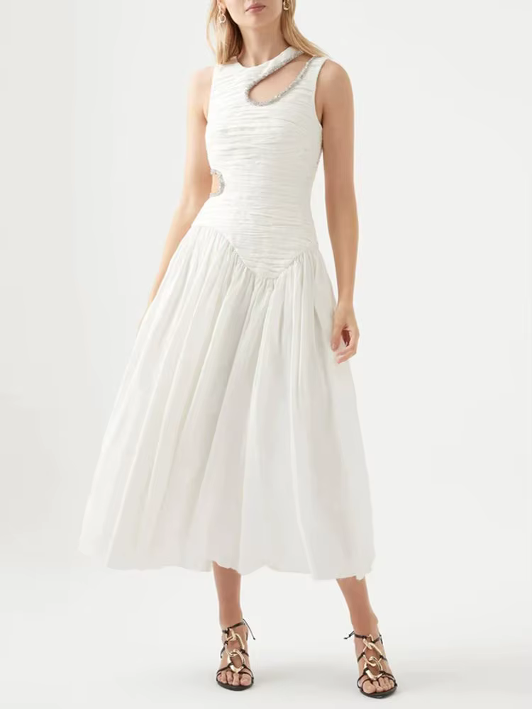 Elegant Print Round Neck Sleeveless Hollow Out High Waist Slim Pleated Midi Dress