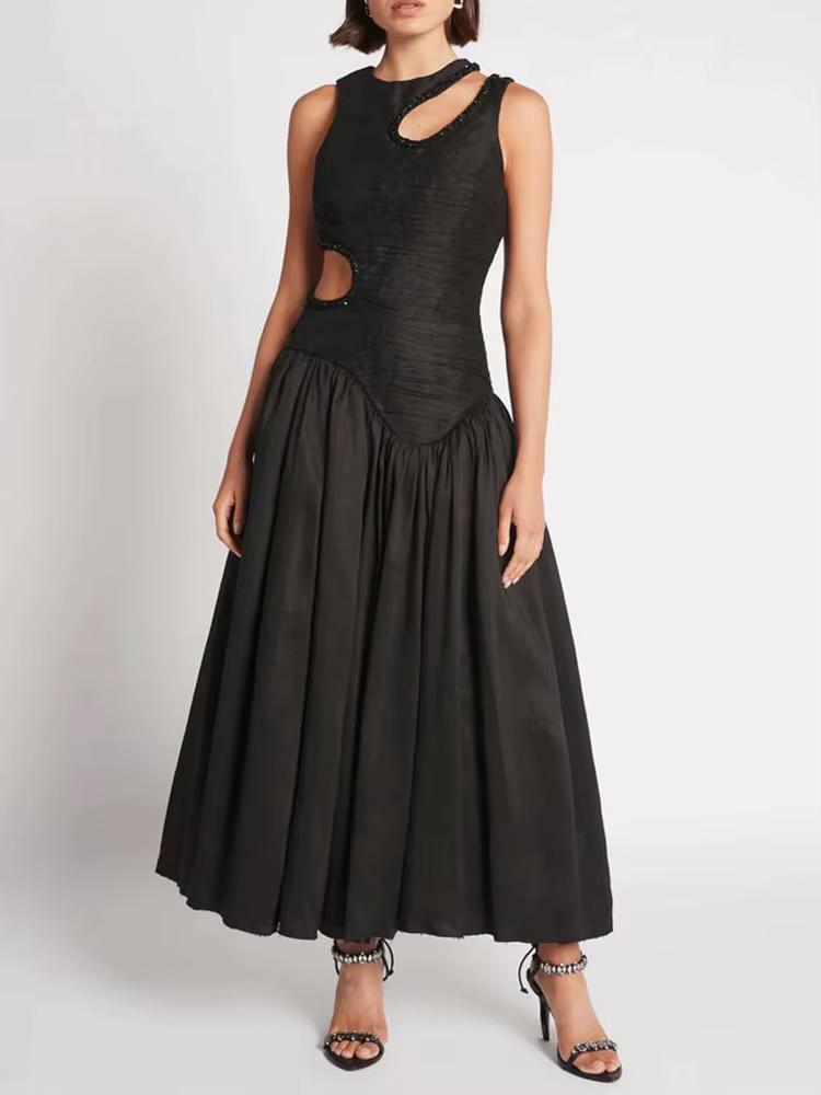 Elegant Print Round Neck Sleeveless Hollow Out High Waist Slim Pleated Midi Dress - Image 5