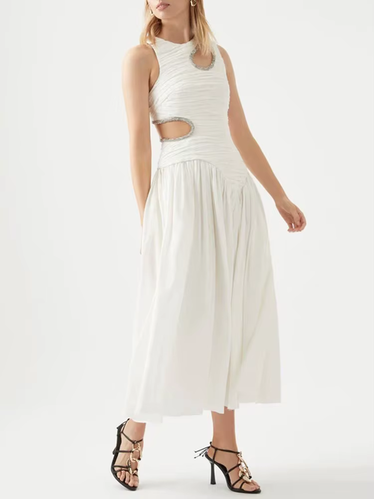 Elegant Print Round Neck Sleeveless Hollow Out High Waist Slim Pleated Midi Dress - Image 2