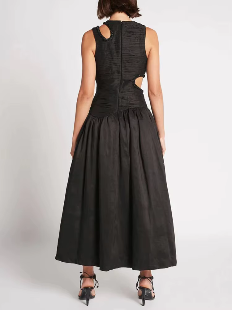 Elegant Print Round Neck Sleeveless Hollow Out High Waist Slim Pleated Midi Dress - Image 7