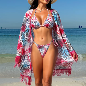 Elegant Printed Bikini Tassel Drape Beachwear Three Piece Set