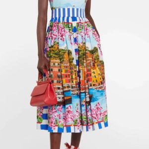 Elegant Printed Cotton High Waist Collar Tube Top Suspender Midi Dress
